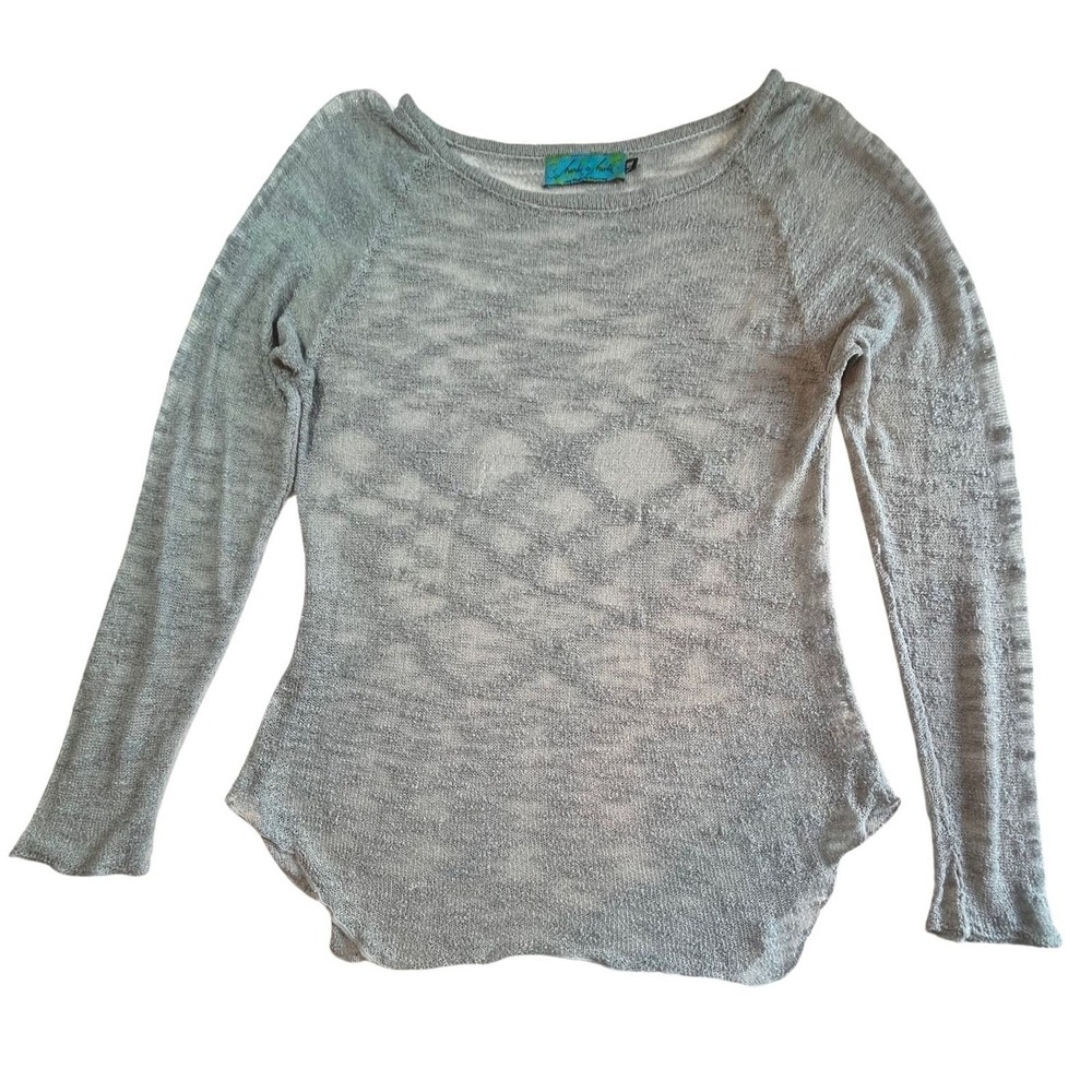 Women's Gray Crochet Knit Sweater Size L XL Grunge Boho Distressed Artsy Natural